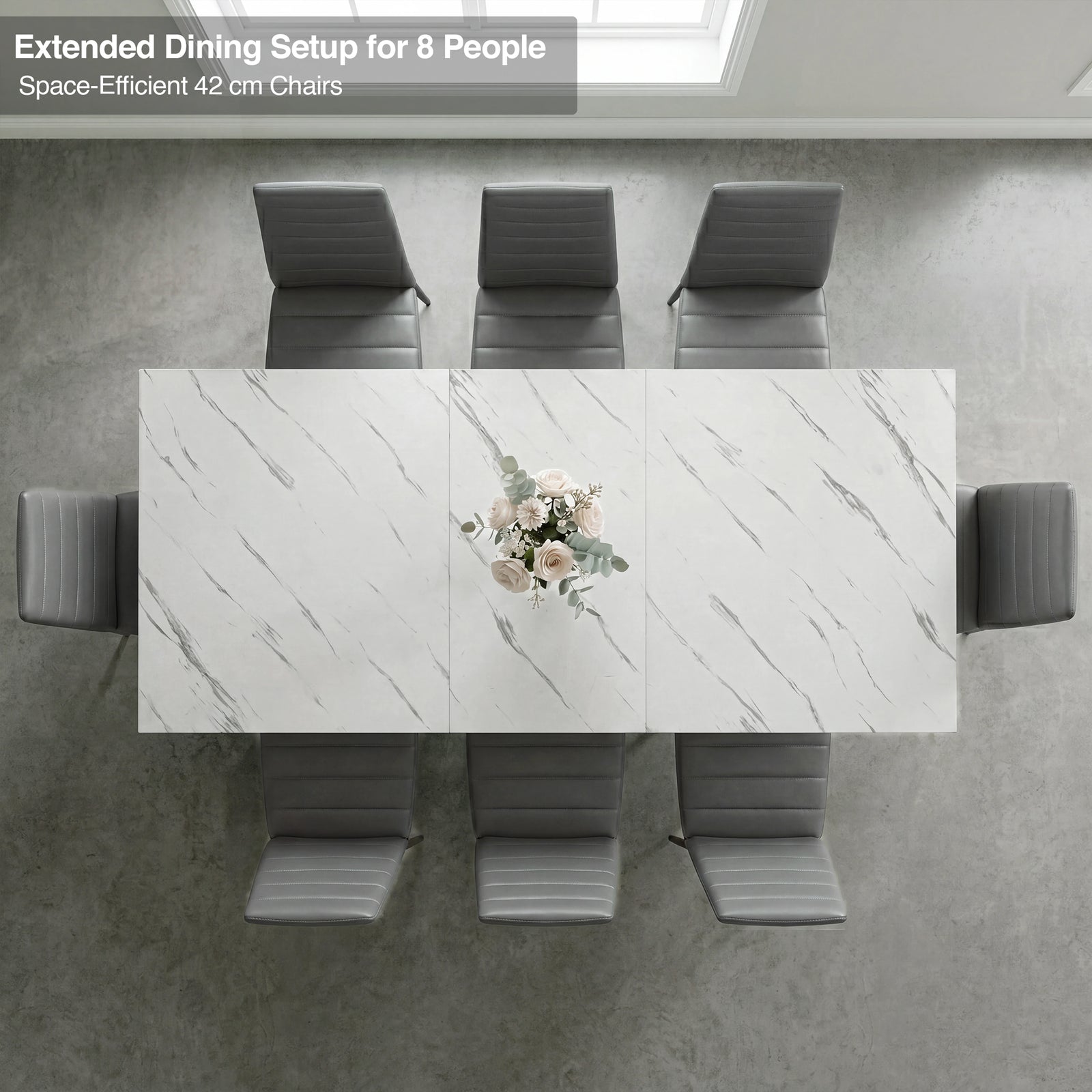 [8 Seater | Grey] Milo extendable dining table extended for 8-place setup, overhead view with high-back chairs