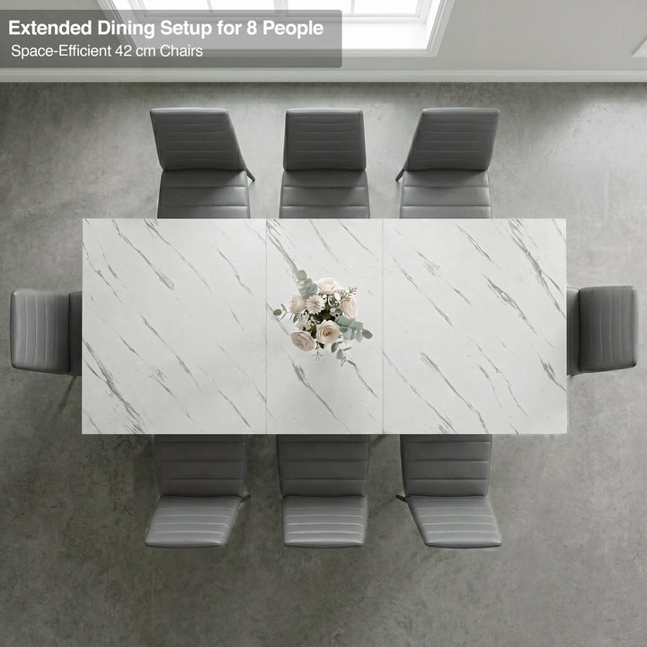 [8 Seater | Grey] Milo extendable dining table extended for 8-place setup, overhead view with high-back chairs
