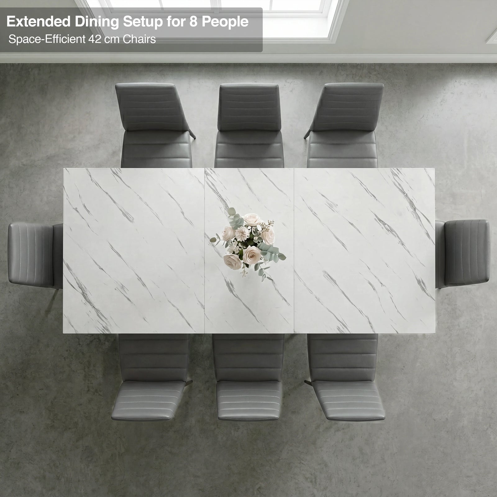 [8 Seater | Grey] Milo extendable dining table extended for 8-place setup, overhead view with high-back chairs