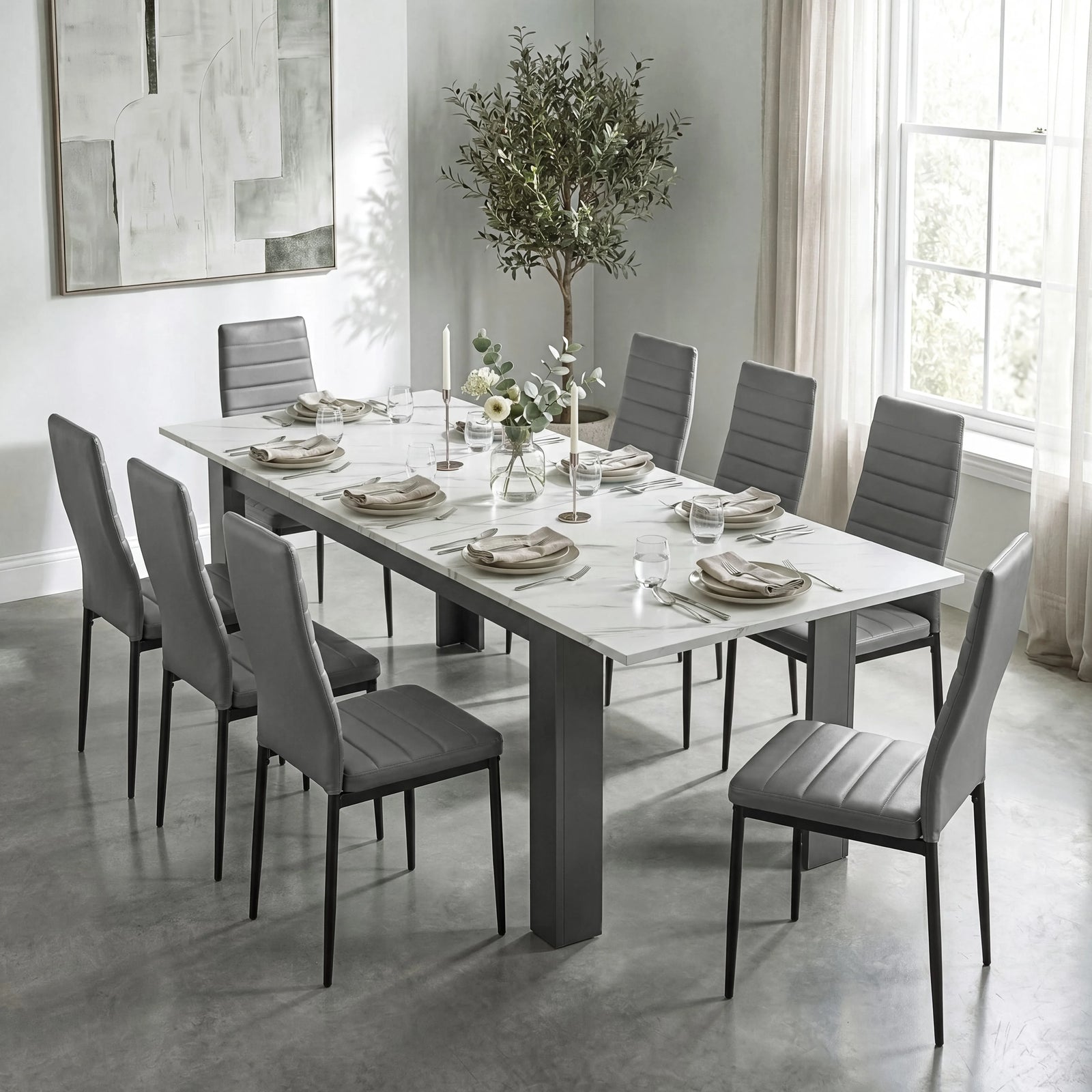 [8 Seater | Grey] Milo white marble-effect dining table set at regular 170cm size with 8 high-back chairs
