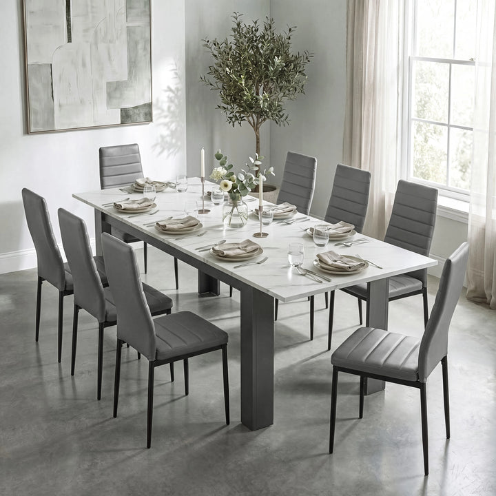 [8 Seater | Grey] Milo white marble-effect dining table set at regular 170cm size with 8 high-back chairs