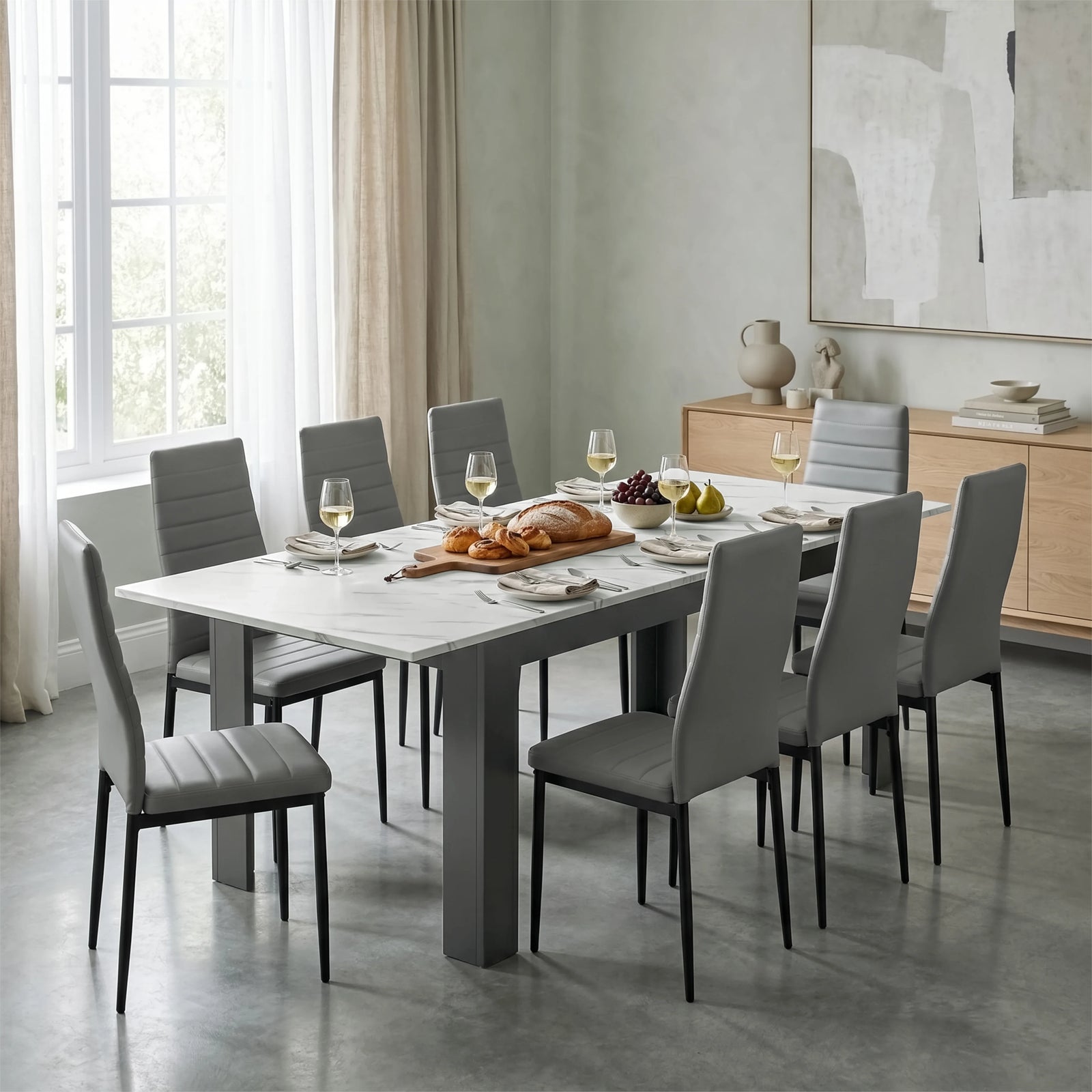 [8 Seater | Grey] Milo white marble-effect dining table set with 8 high-back chairs in a styled room view