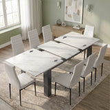 [8 Seater | White] Milo white marble-effect table open to show centre leaf and sliding rails