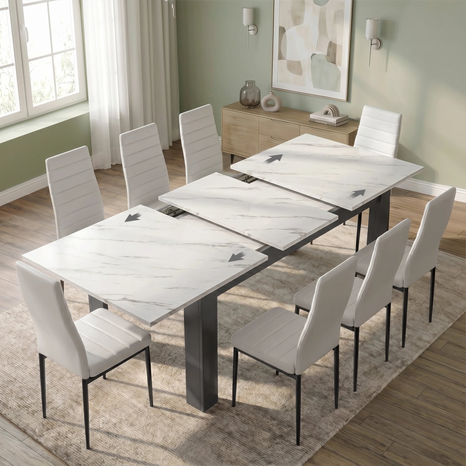 [8 Seater | White] Milo white marble-effect table open to show centre leaf and sliding rails