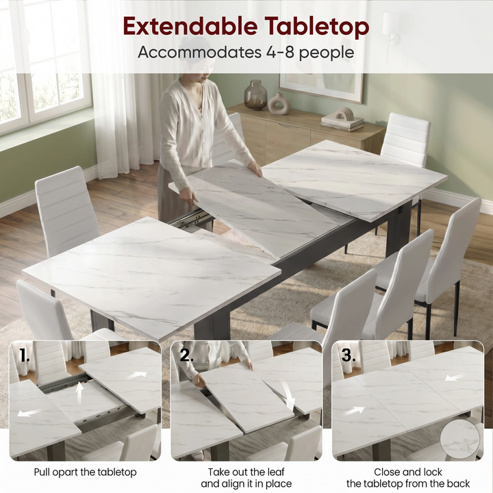[8 Seater | White] Milo extension guide showing tabletop opening, centre leaf placement, and lock-close steps