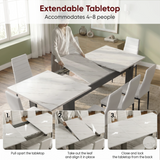 [8 Seater | White] Milo extension guide showing tabletop opening, centre leaf placement, and lock-close steps