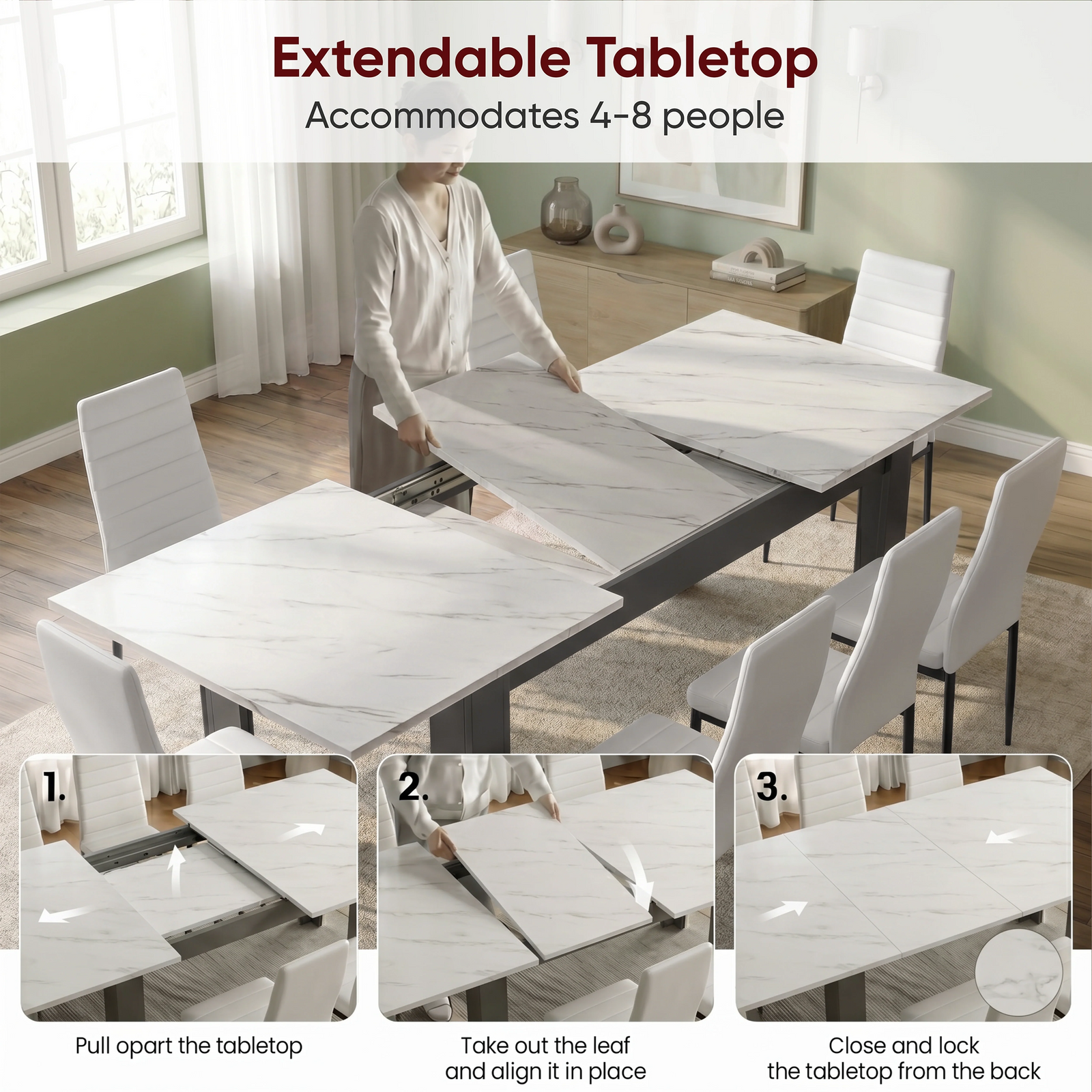 [8 Seater | White] Milo extension guide showing tabletop opening, centre leaf placement, and lock-close steps