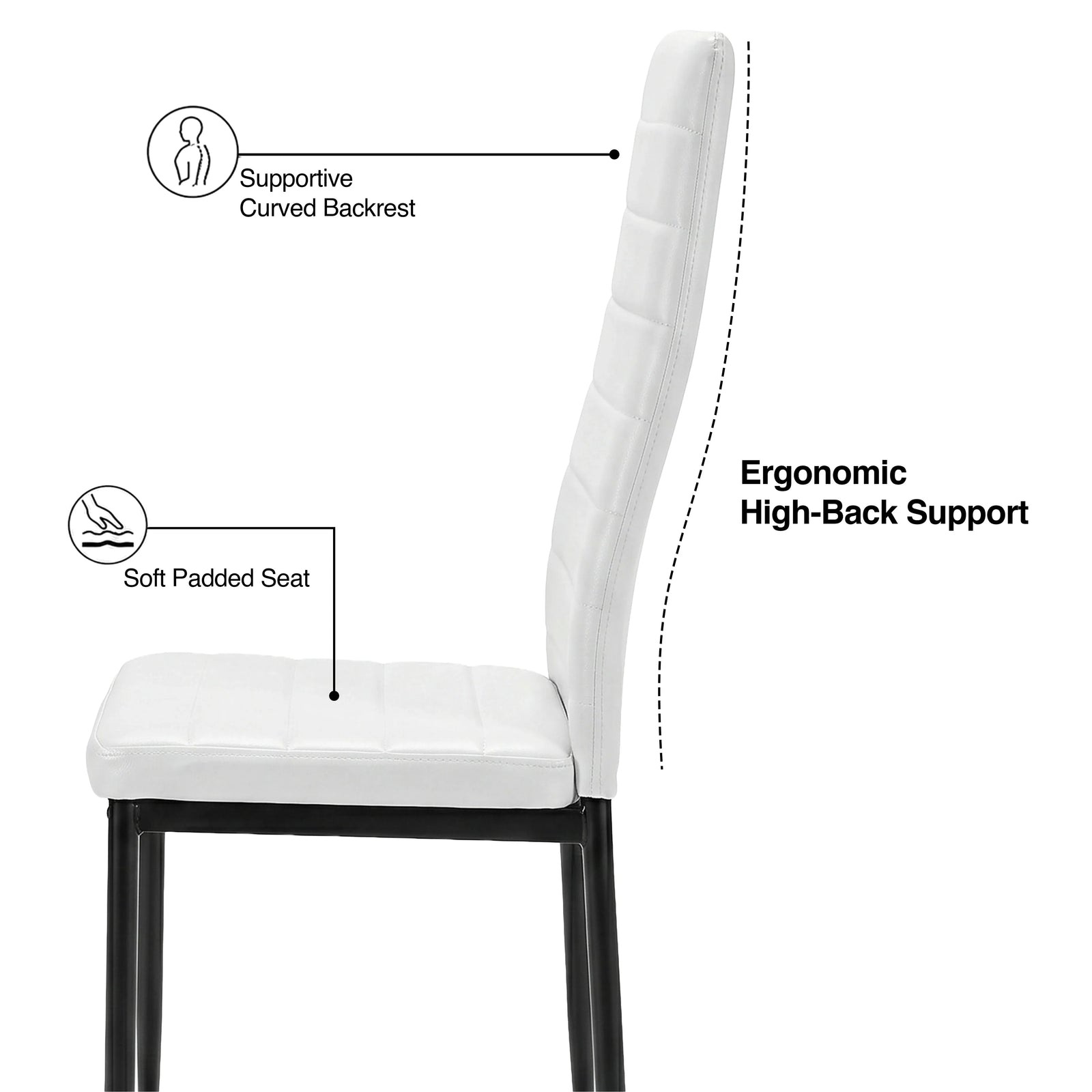 [8 Seater | White] Milo chair side profile showing curved high-back support, padded seat, and slim iron legs
