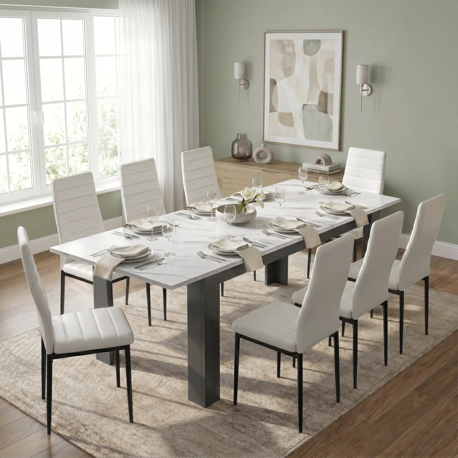[8 Seater | White] Milo white marble-effect dining table set extended to 220cm with 8 high-back chairs