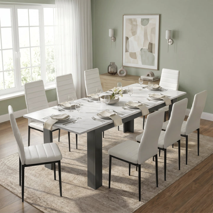 [8 Seater | White] Milo white marble-effect dining table set extended to 220cm with 8 high-back chairs