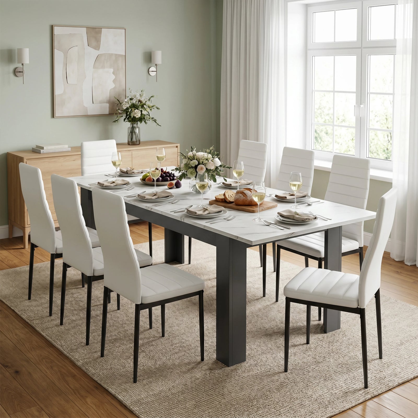 [8 Seater | White] Milo white marble-effect dining table set with 8 high-back chairs in a styled room view
