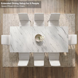 [8 Seater | White] Milo extendable dining table extended for 8-place setup, overhead view with high-back chairs