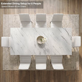 [8 Seater | White] Milo extendable dining table extended for 8-place setup, overhead view with high-back chairs