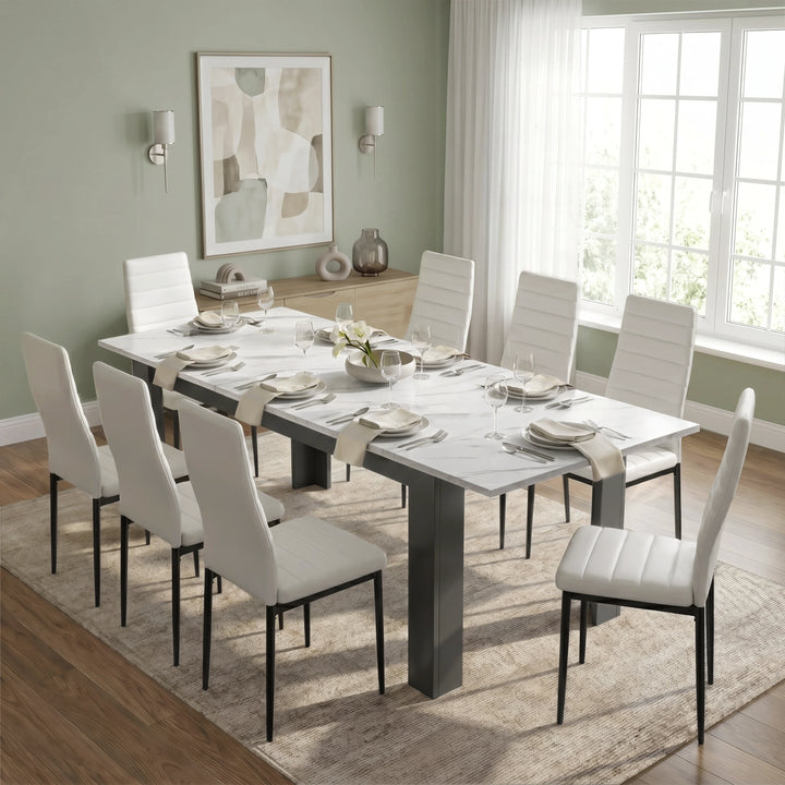 [8 Seater | White] Milo white marble-effect dining table set at regular 170cm size with 8 high-back chairs