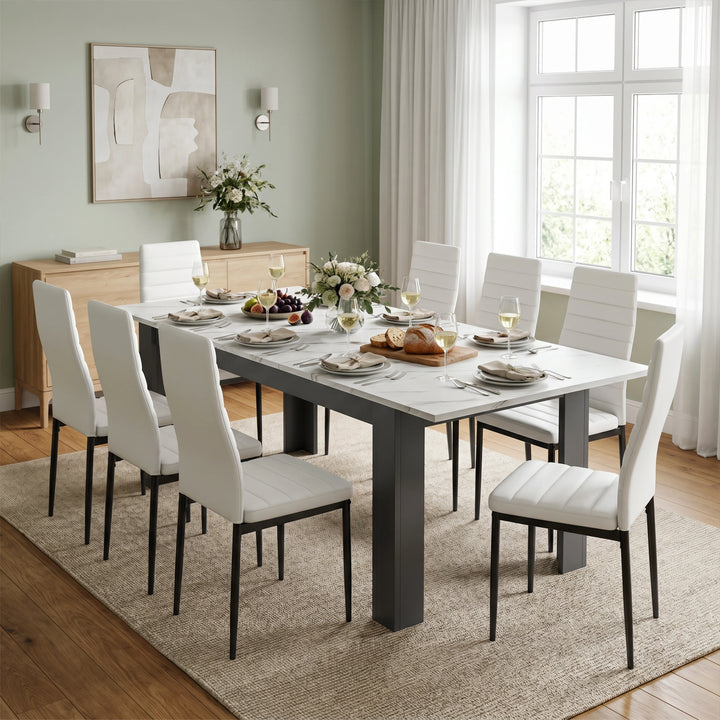 [8 Seater | White] Milo white marble-effect dining table set with 8 high-back chairs in a styled room view