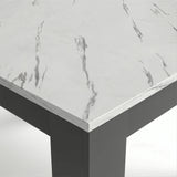 [8 Seater | White] Close-up of the Milo marble-effect tabletop corner, veining, and inverted L-shaped table leg