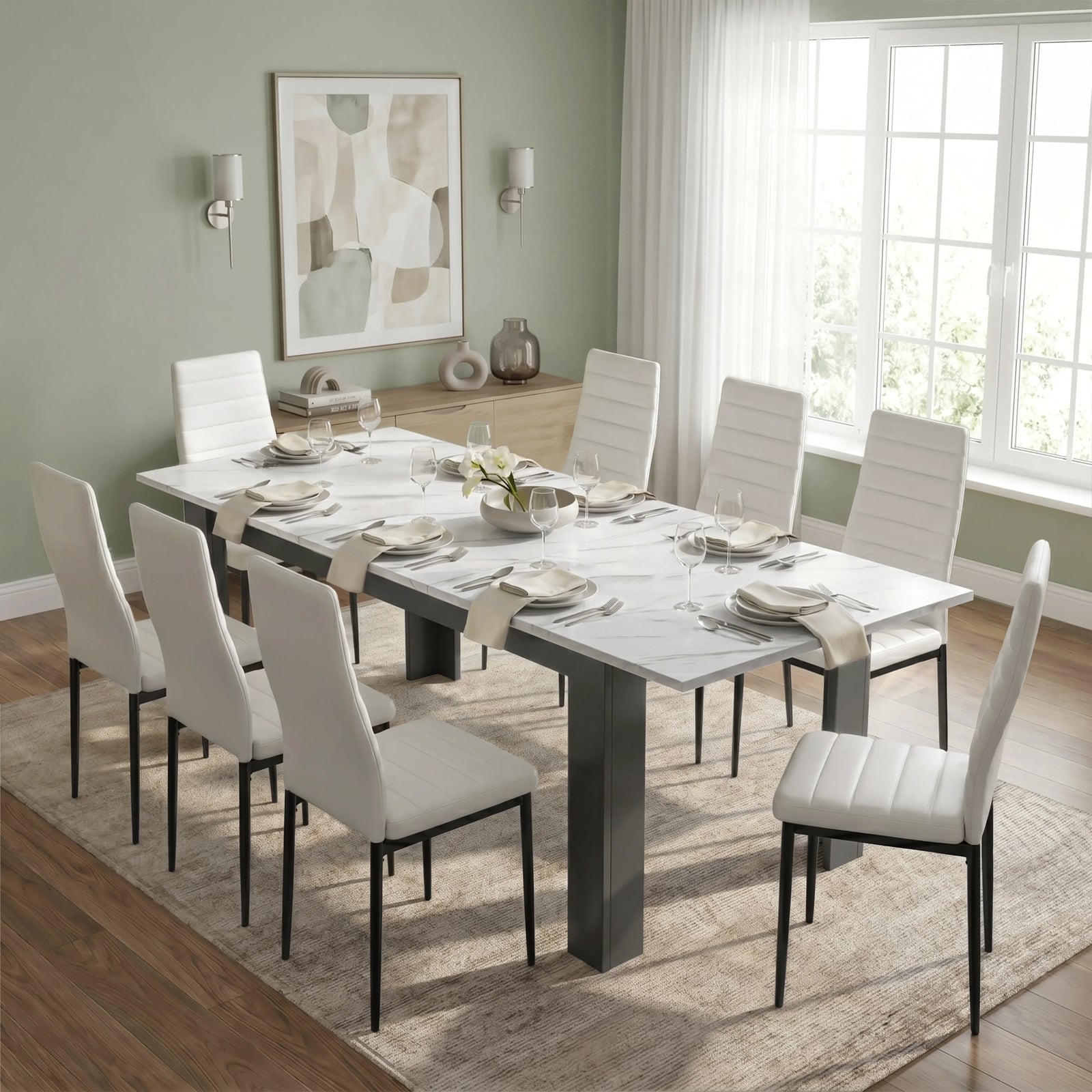 [8 Seater | White] Milo white marble-effect dining table set at regular 170cm size with 8 high-back chairs