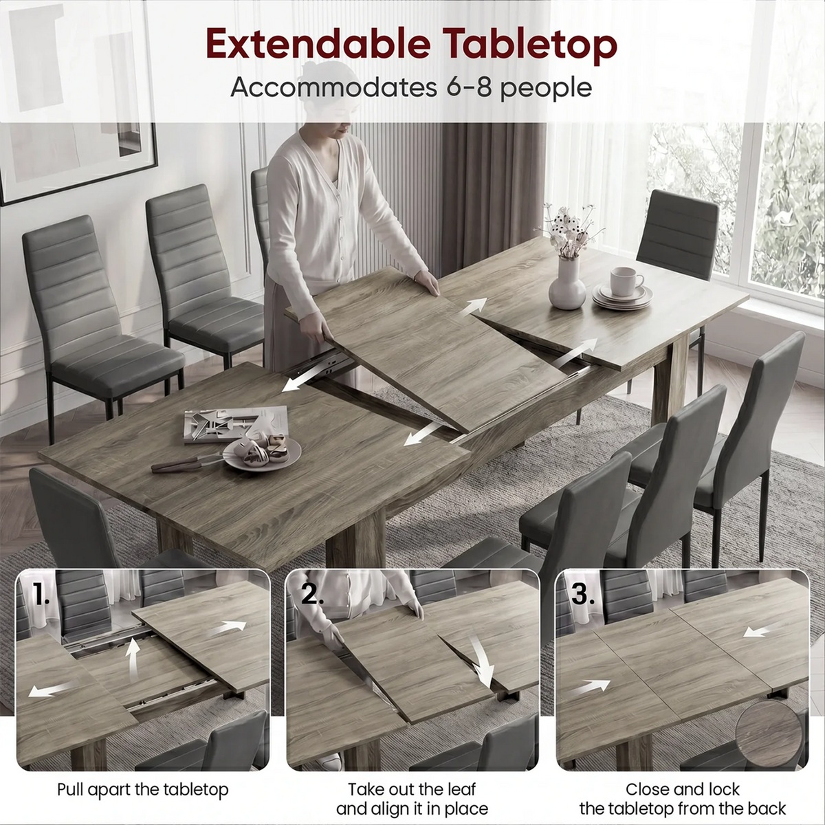 [Wooden Grey] Infographic the three-step extension mechanism of the Milo Wooden Grey Effect Extendable Dining Table 170-220cm.