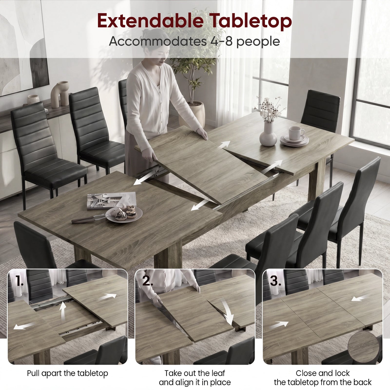 [6 Seater | Black] Milo extension guide showing tabletop opening, centre leaf placement, and lock-close steps
