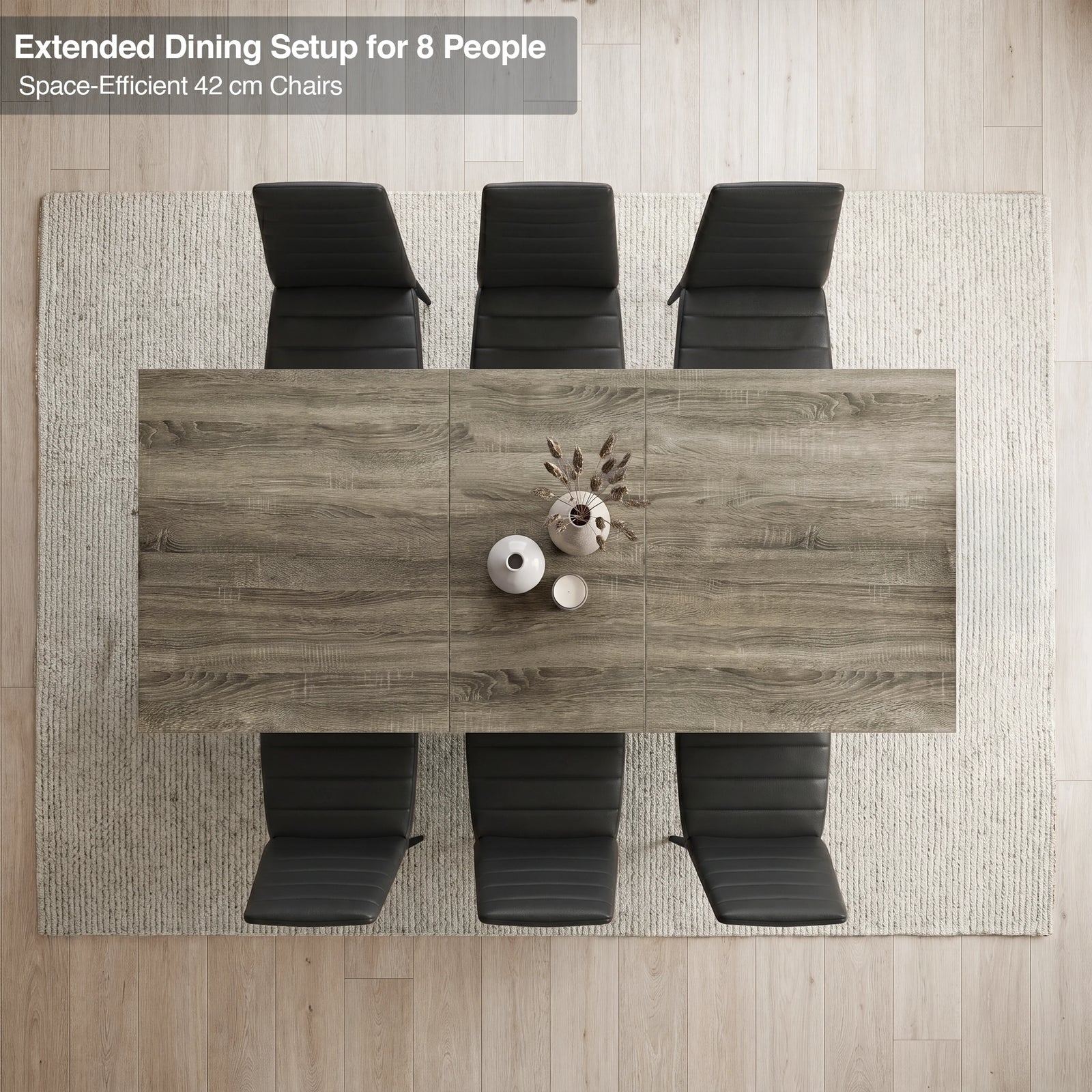 [6 Seater | Black] Overhead view of the Milo wooden grey-effect extended dining table layout with space-efficient chairs