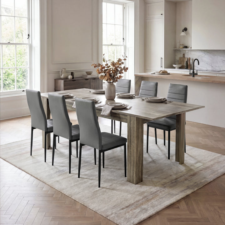 [6 Seater | Grey] Milo wooden grey-effect dining table set with 6 high-back chairs in an open kitchen diner room