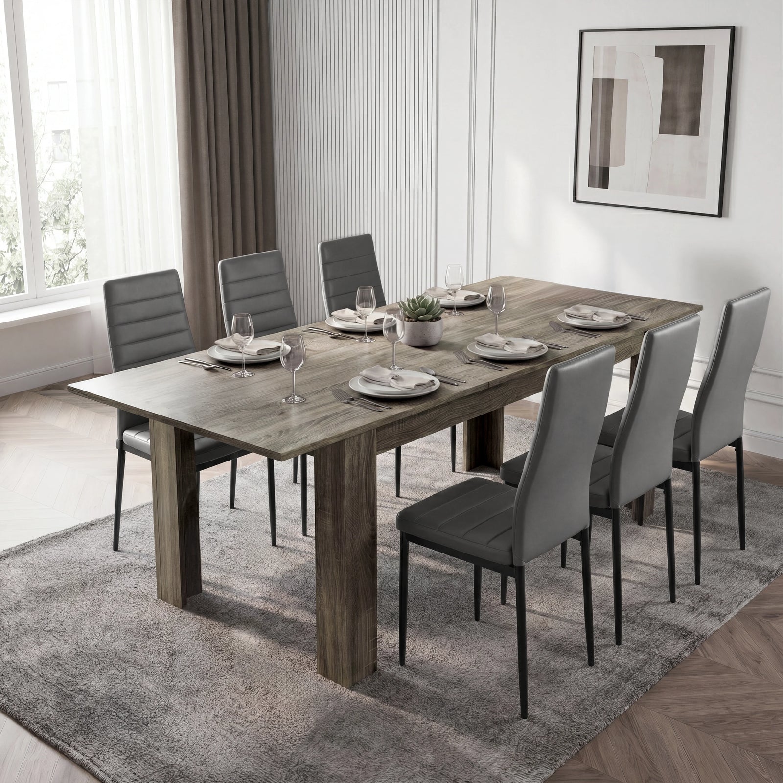 [6 Seater | Grey] Milo wooden grey-effect dining table set extended to 220cm with 6 high-back chairs