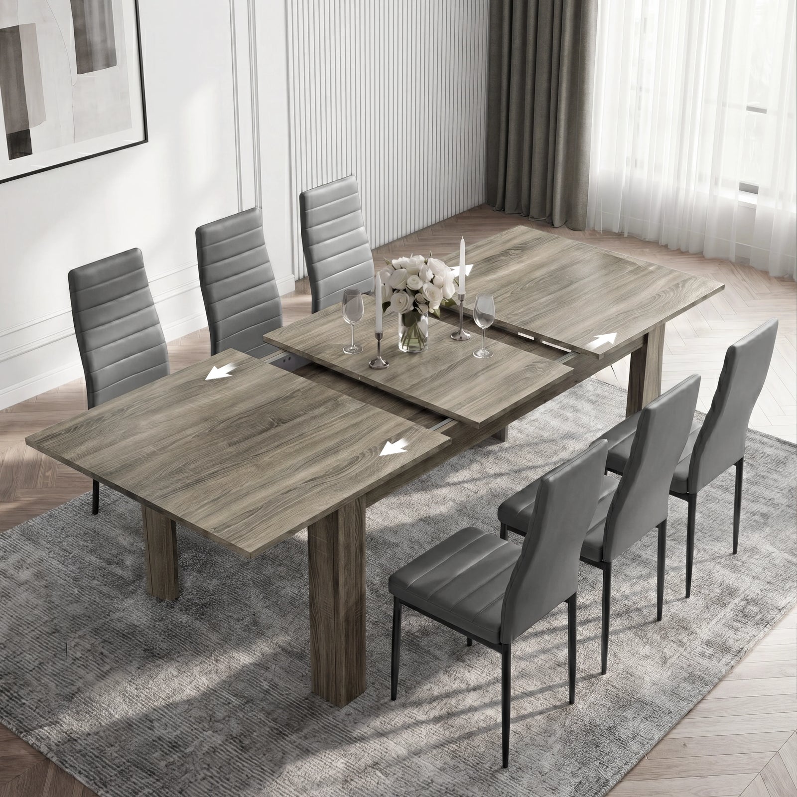 [6 Seater | Grey] Milo wooden grey-effect table partly opened to show the centre extension leaf and sliding rails