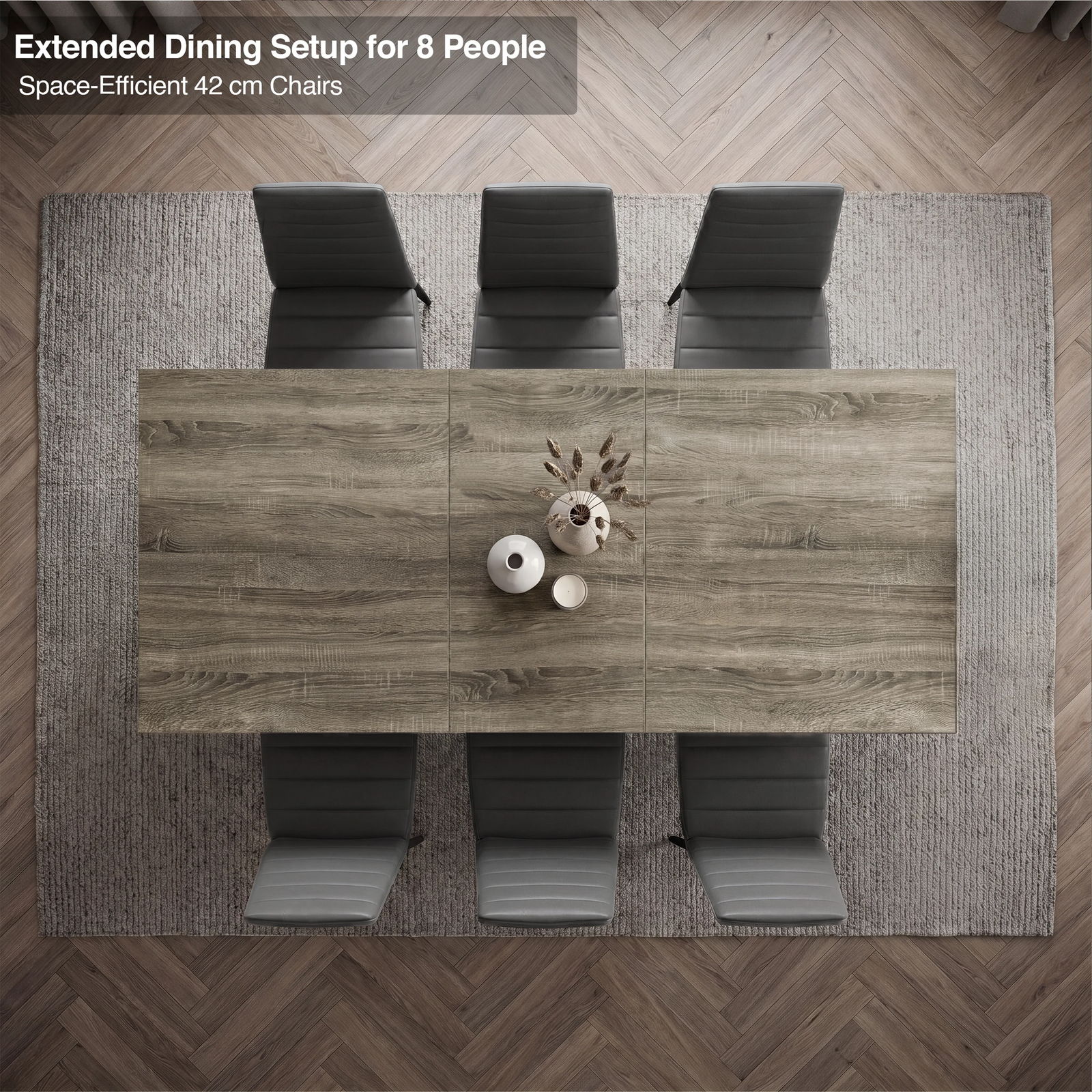 [6 Seater | Grey] Overhead view of the Milo wooden grey-effect extended dining table layout with space-efficient chairs