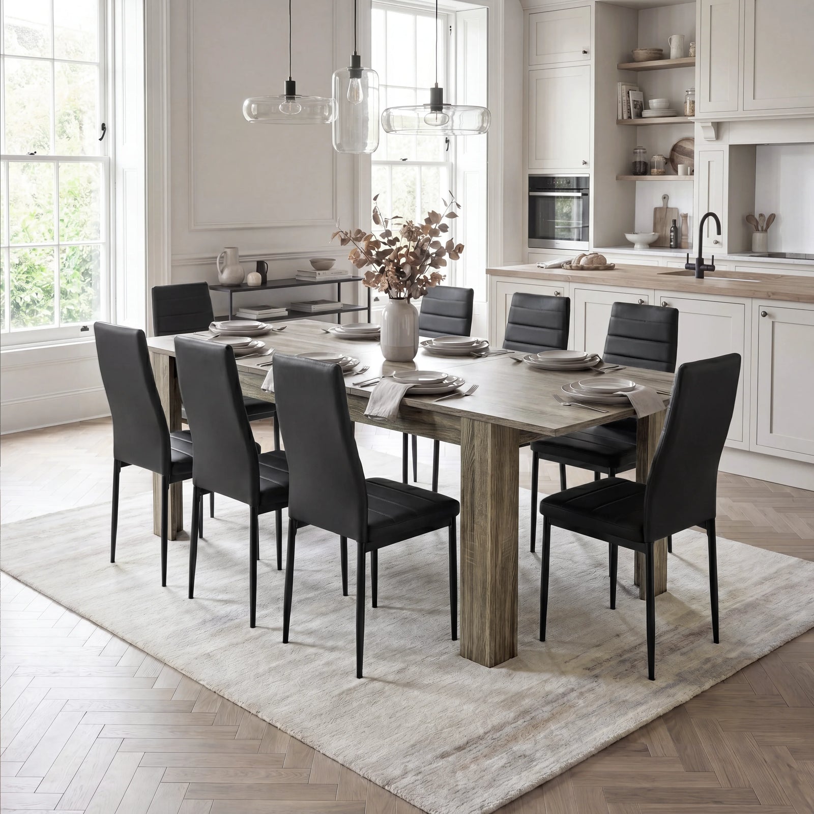 [8 Seater | Black] Milo wooden grey-effect dining table set with 8 high-back chairs in an open kitchen-dining area
