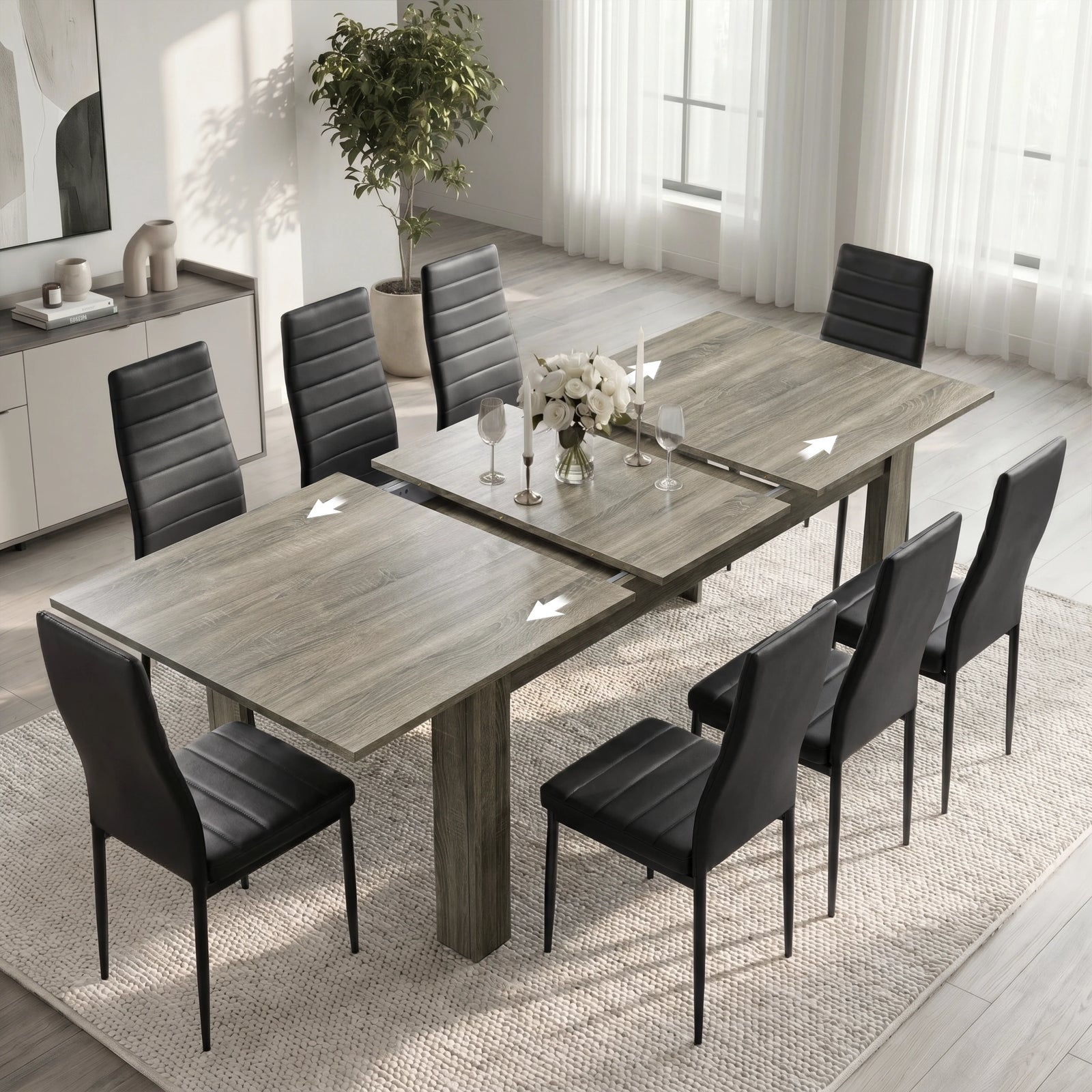 [8 Seater | Black] Milo wooden grey-effect table partly opened to show the centre extension leaf and sliding rails