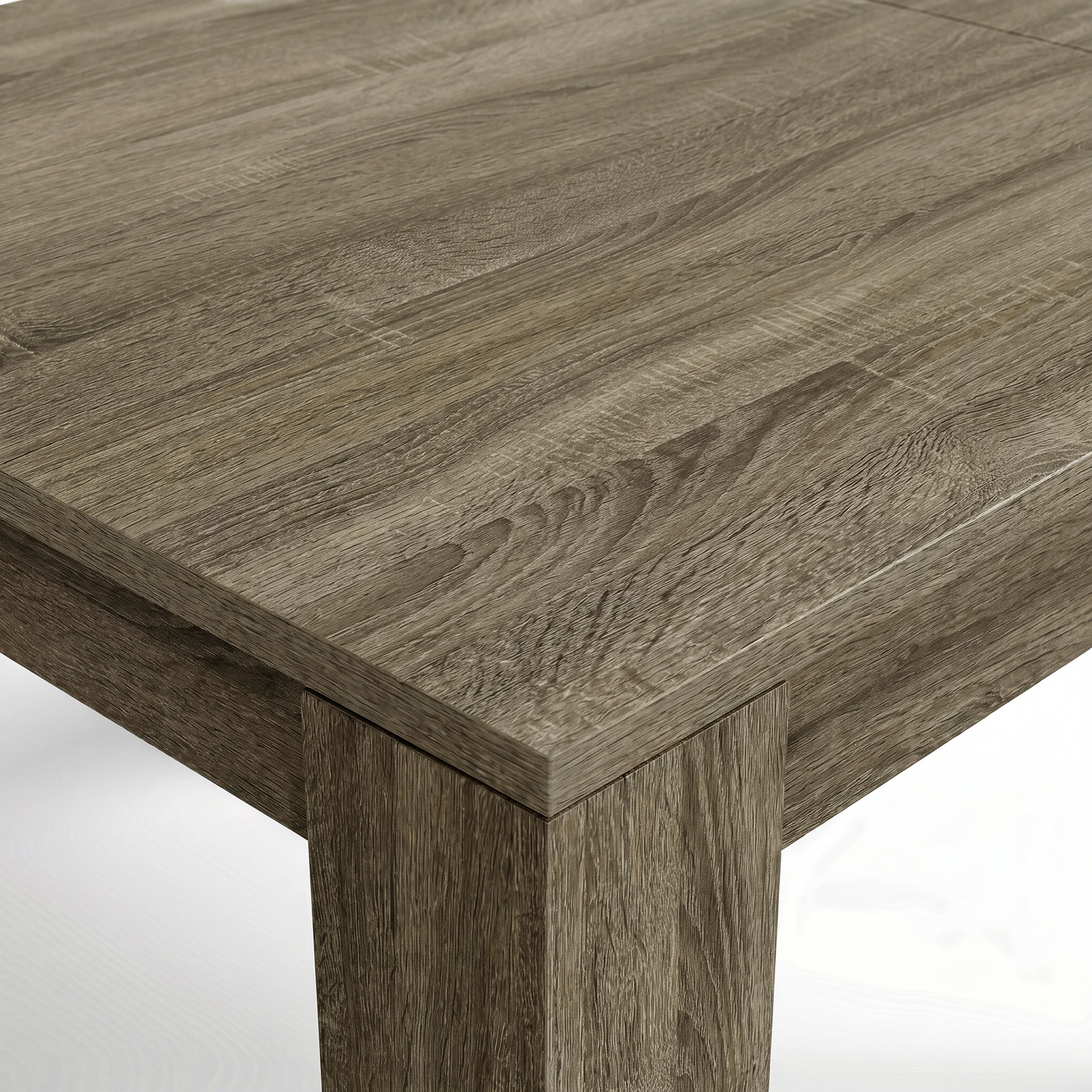 [8 Seater | Black] Close-up of the Milo wooden grey-effect tabletop edge, surface texture, and inverted L-shaped leg