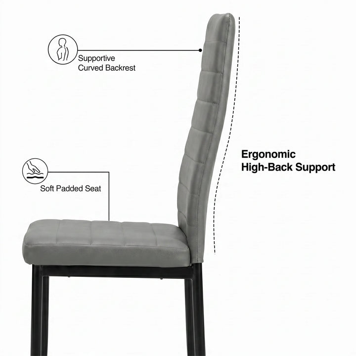 [8 Seater | Grey] Milo chair side profile showing curved high back support and padded seat callouts