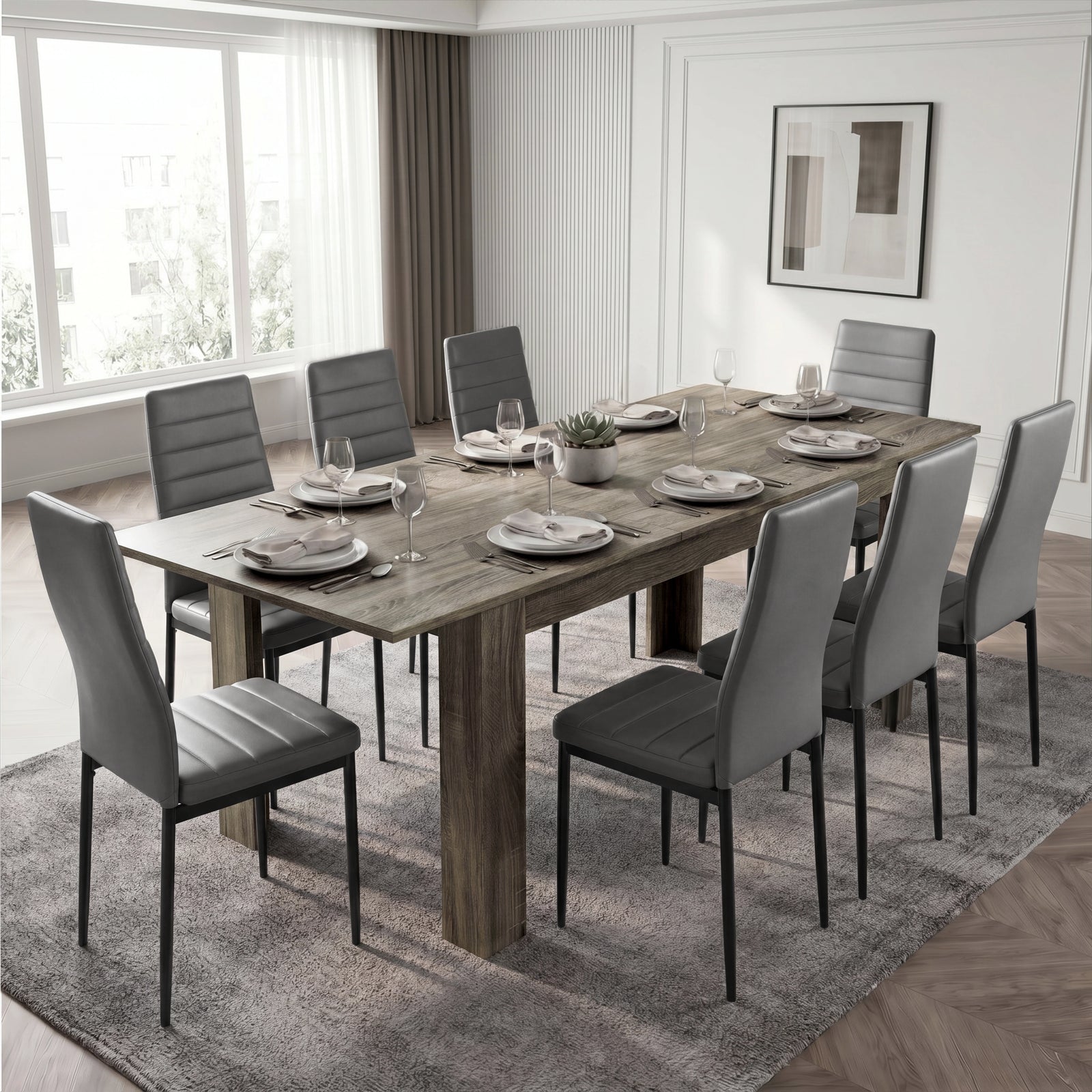 [8 Seater | Grey] Milo wooden grey-effect dining table set extended to 220cm with 8 high-back chairs