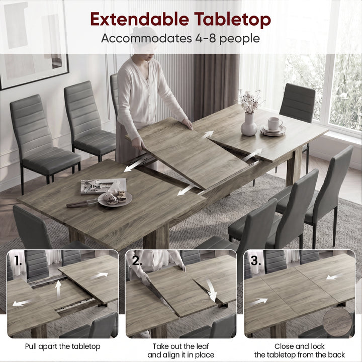 [8 Seater | Grey] Milo extension guide showing tabletop opening, centre leaf placement, and lock-close steps