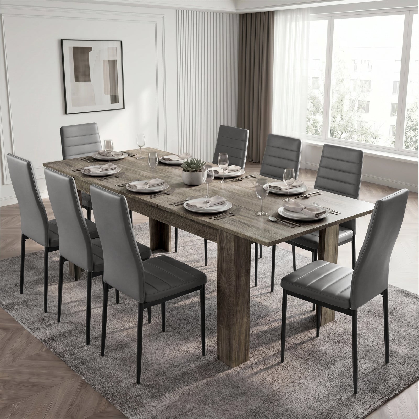 [8 Seater | Grey] Milo wooden grey-effect dining table set at 220cm extended size with 8 high-back chairs