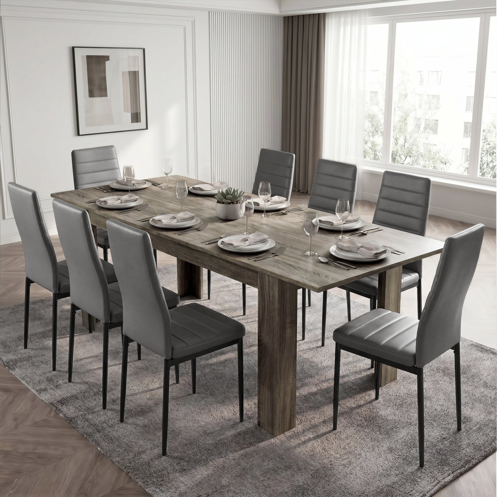 [8 Seater | Grey] Milo wooden grey-effect dining table set at 220cm extended size with 8 high-back chairs