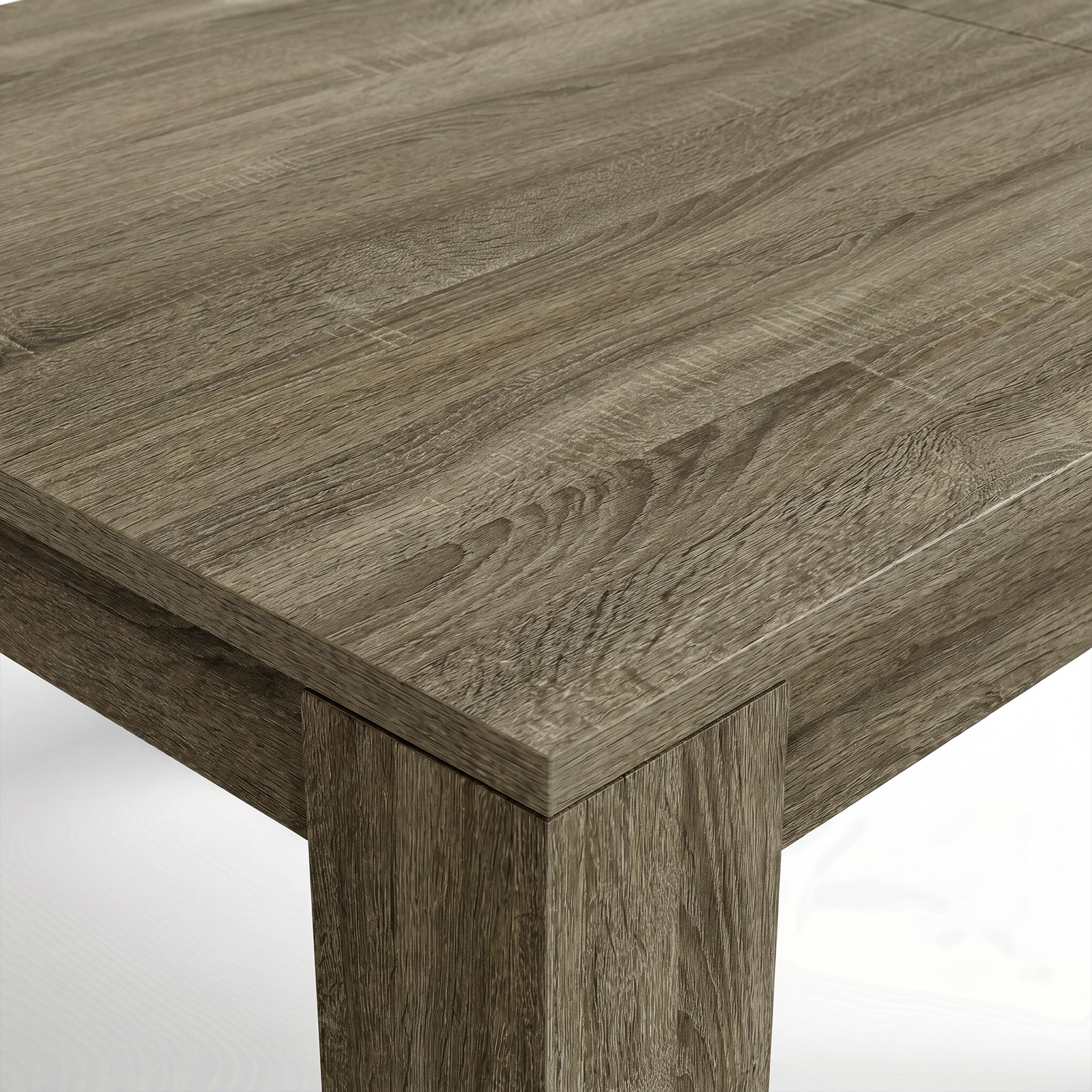 [8 Seater | Grey] Close-up of the Milo wooden grey-effect tabletop edge, surface texture, and inverted L-shaped leg