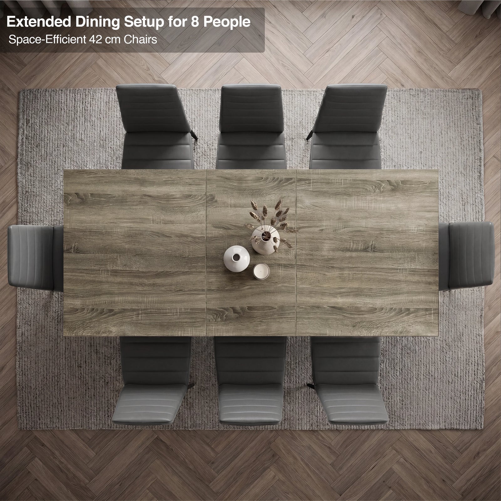 [8 Seater | Grey] Overhead view of the Milo wooden grey-effect extended dining table layout with space-efficient chairs