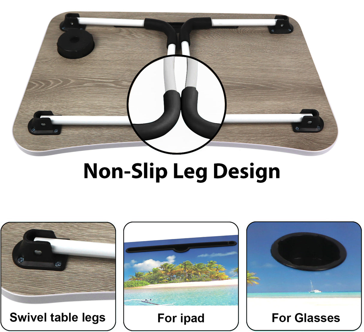 Mini laptop table with non-slip leg design, swivel legs, perfect for iPad and glasses.