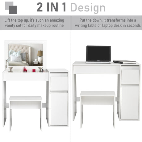 White 2-in-1 mirror dressing table with storage and flip-up mirror for a versatile setup.