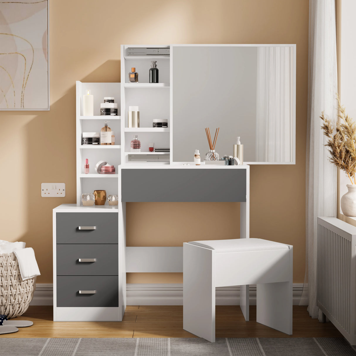 Dressing Table with Storage, Drawers and Mirror - Vanity Makeup Table in white and grey finish with cushioned stool, shelves, and large mirror.