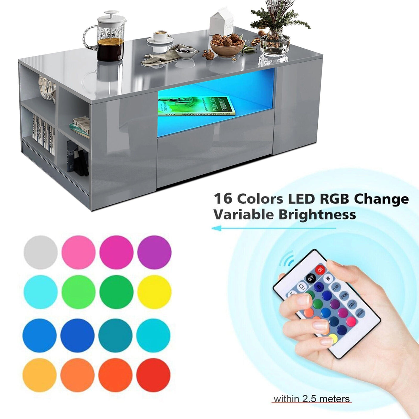 High Gloss Coffee Table with Storage Drawers & LED Lights