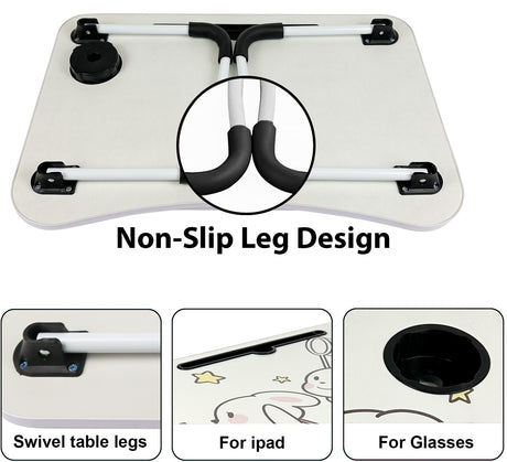 Mobile laptop desk with non-slip leg design, swivel legs, perfect for iPad use.