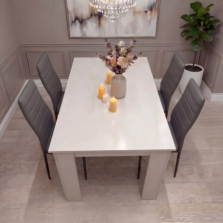 [4 Seater | Grey] Top-down view of 4 seater white table with four grey PU chairs and fruit bowl