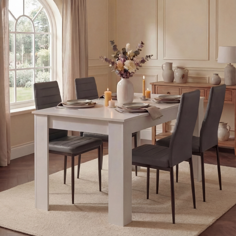 [4 Seater | Grey] White 4 seater dining table with four grey PU chairs in panelled room