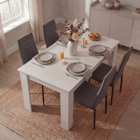 [4 Seater | Grey] White 4 seater dining table with four grey PU chairs near tall arched window
