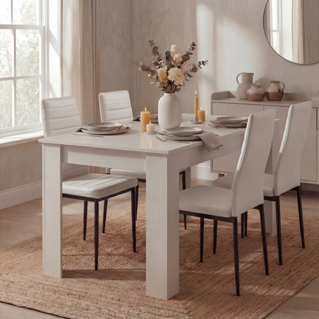 [4 Seater | White] White rectangular dining table flanked by four white PU chairs near window
