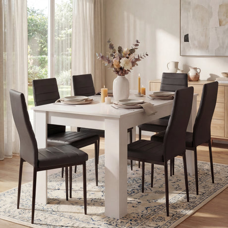 [6 Seater | Black] White six-seater table flanked by six black PU chairs with black metal legs