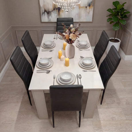 [6 Seater | Black] Six-place setting on white table with six black PU chairs and chandelier