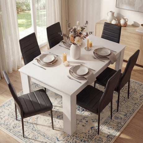 [6 Seater | Black] Top view of white 6 seater table with six black PU chairs and place settings